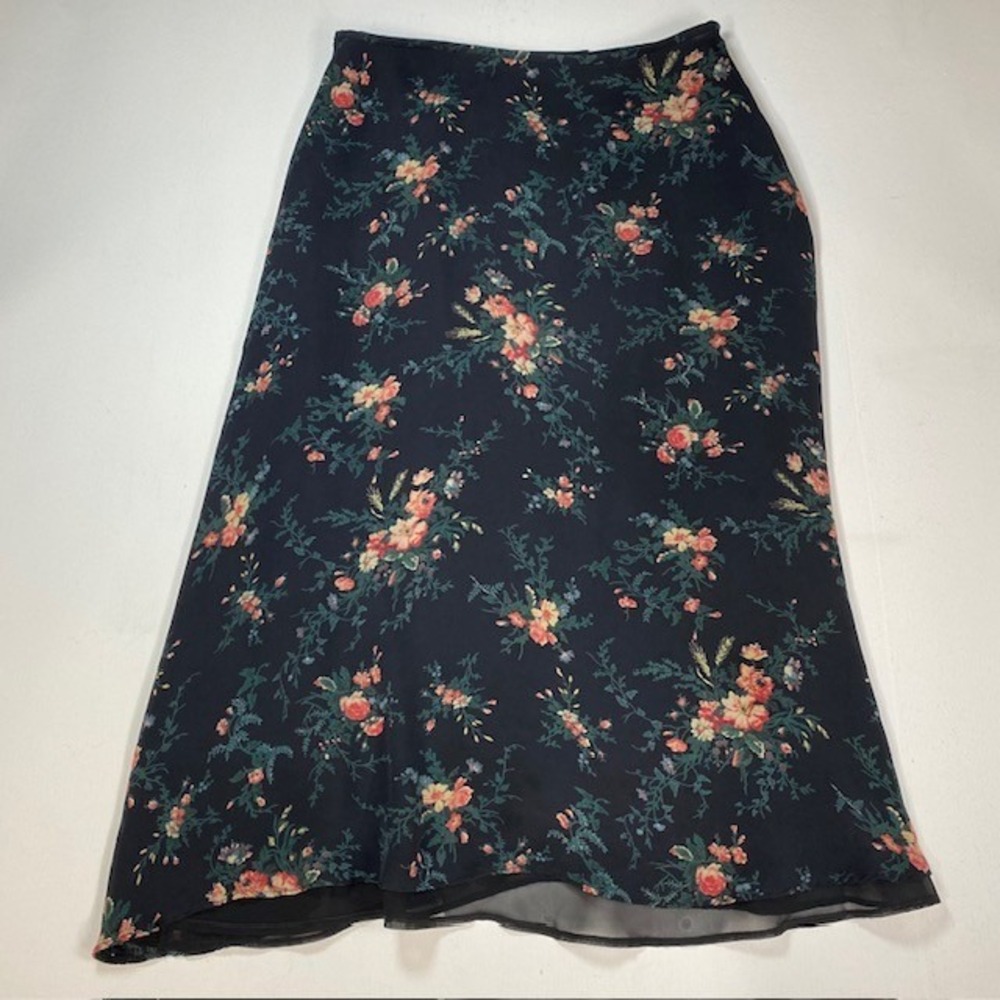 Lauren‎ Ralph Lauren Navy Blue Floral 100% Silk Midi A-Line Skirt Womens Size 14